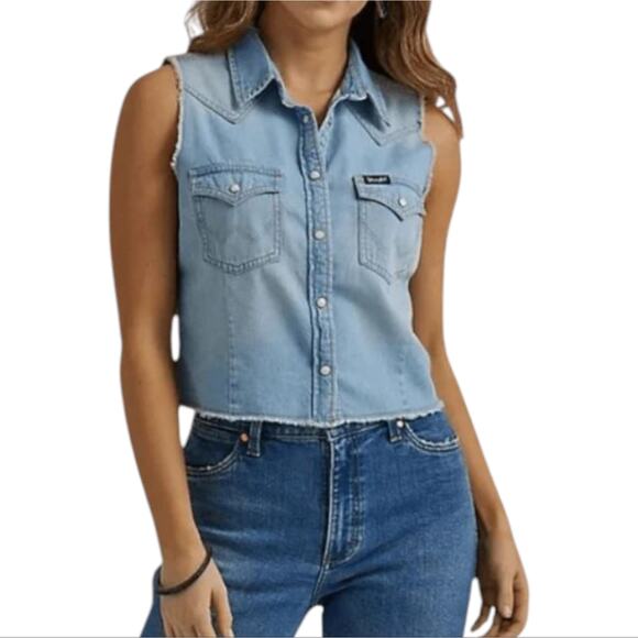 Wrangler Tops - Wrangler Light Wash Cotton Denim Sleeveless Cropped Top Plus Size 3X